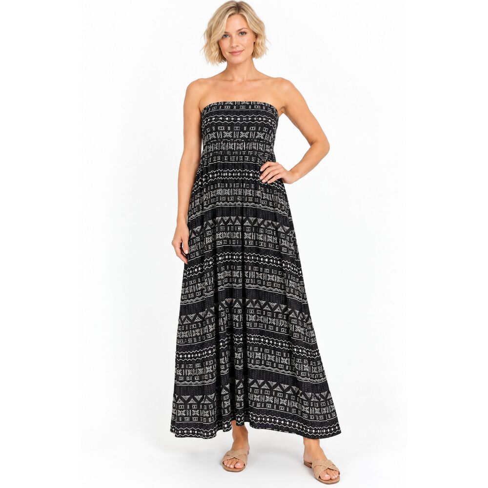 Billabong Bohemian Tribal Geometric Printed Strapless Maxi Dress BROWN Sz M